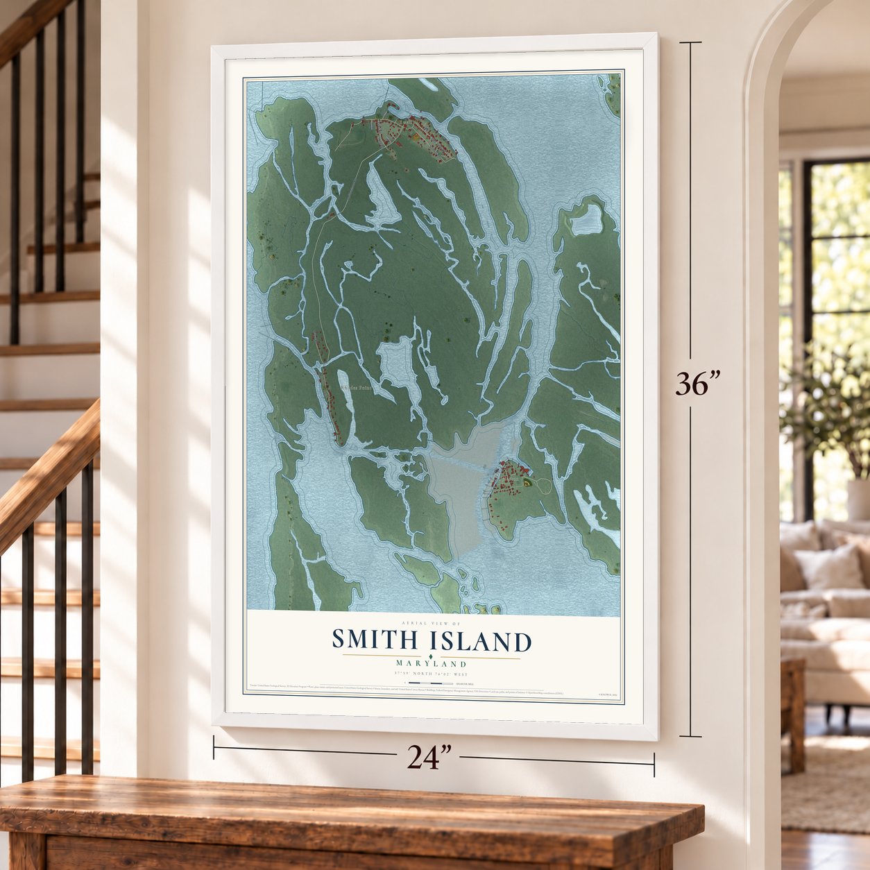 Smith Island, Maryland map, 24 x 36 inch print in a white frame by a staircase