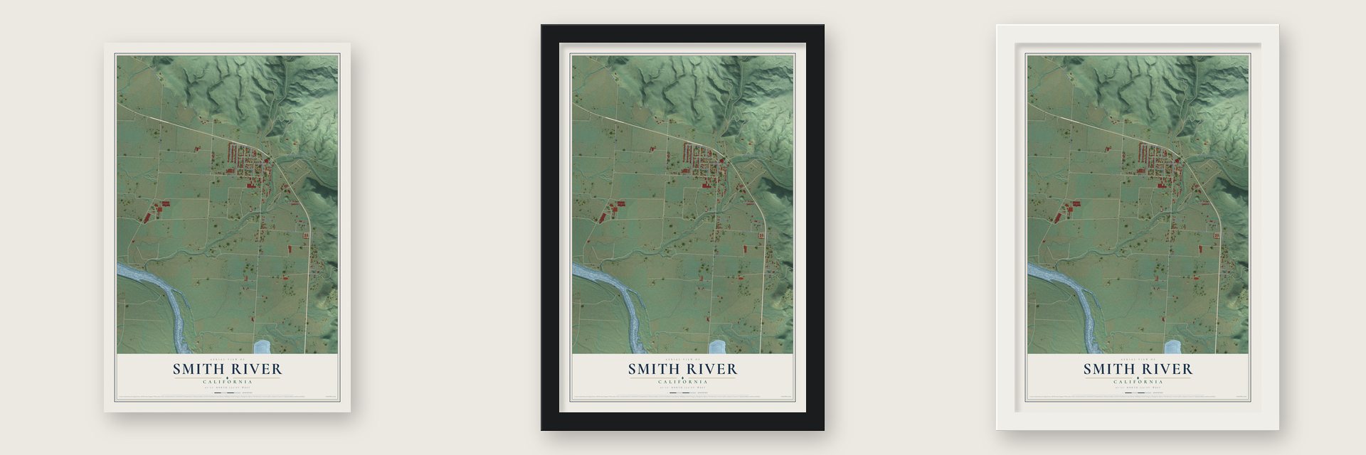 Smith River, California map unframed, in a black wood frame and in a white wood frame