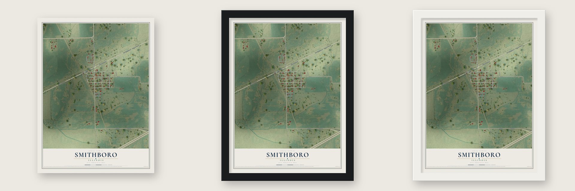 Smithboro, Illinois map unframed, in a black wood frame and in a white wood frame