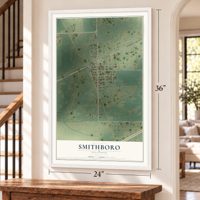 Smithboro, Illinois map, 24 x 36 inch print in a white frame by a staircase
