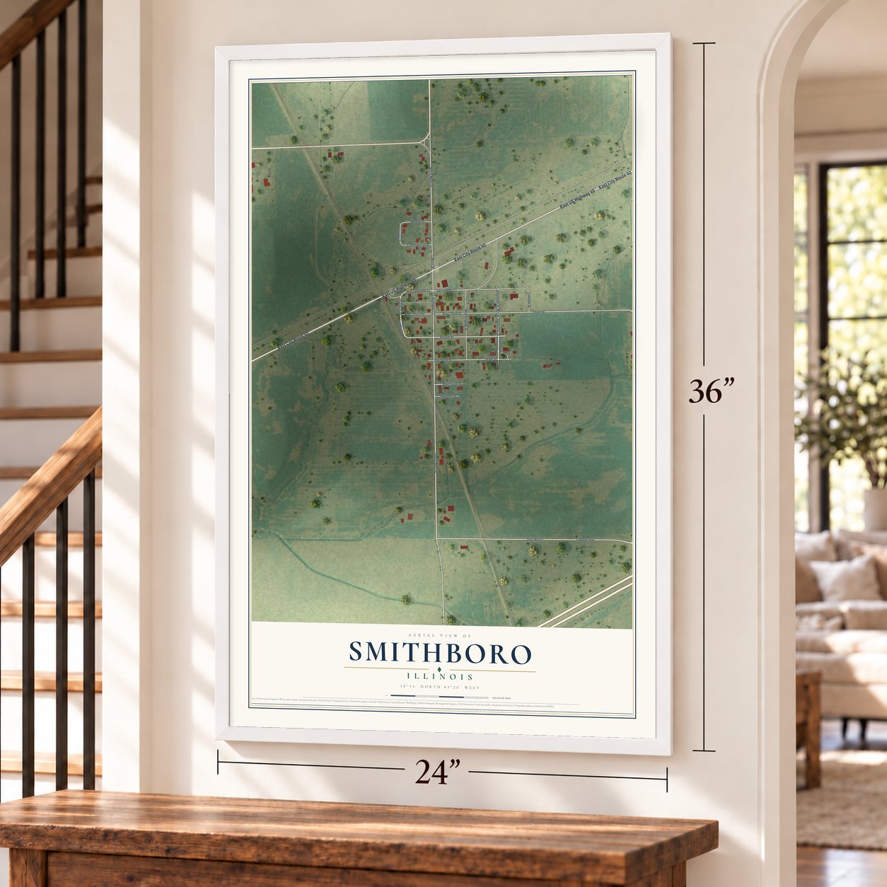 Smithboro, Illinois map, 24 x 36 inch print in a white frame by a staircase