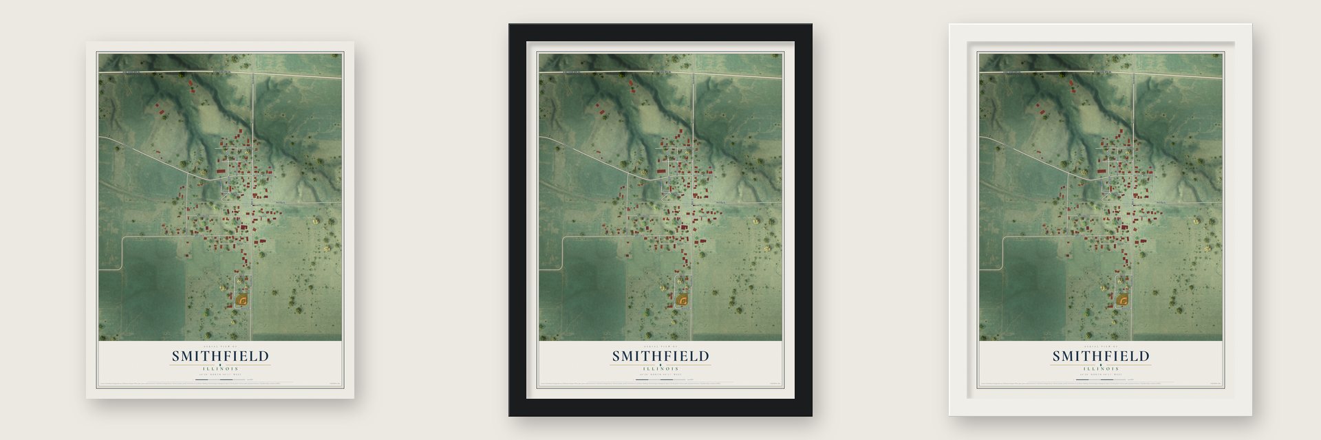 Smithfield, Illinois map unframed, in a black wood frame and in a white wood frame