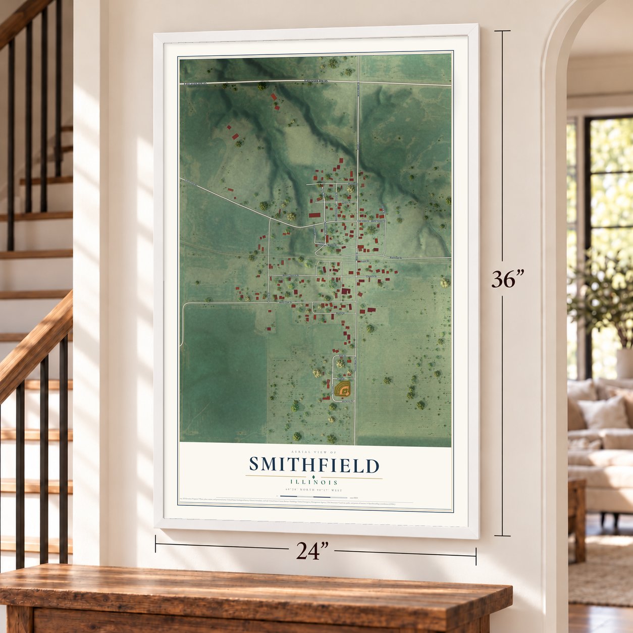 Smithfield, Illinois map, 24 x 36 inch print in a white frame by a staircase