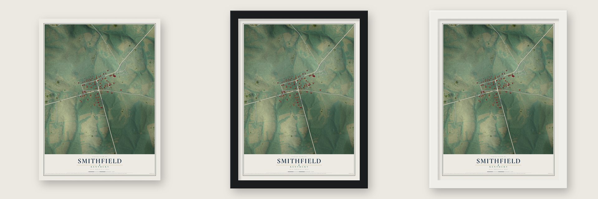 Smithfield, Kentucky map unframed, in a black wood frame and in a white wood frame