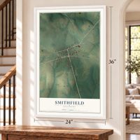 Smithfield, Kentucky map, 24 x 36 inch print in a white frame by a staircase
