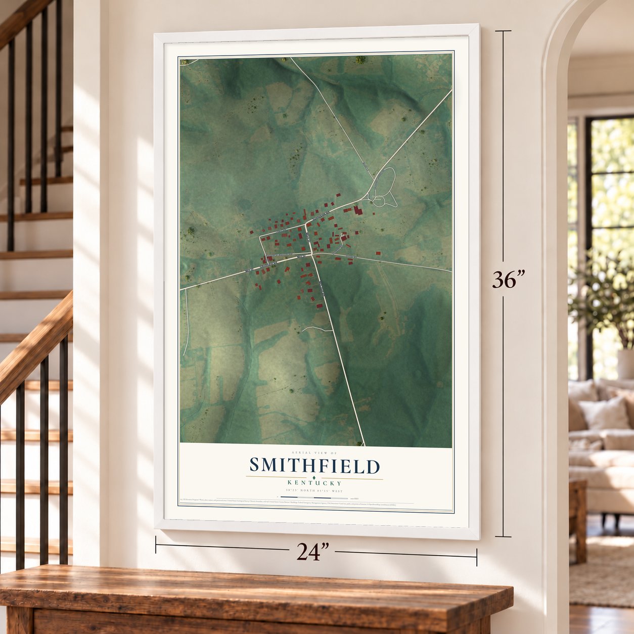 Smithfield, Kentucky map, 24 x 36 inch print in a white frame by a staircase
