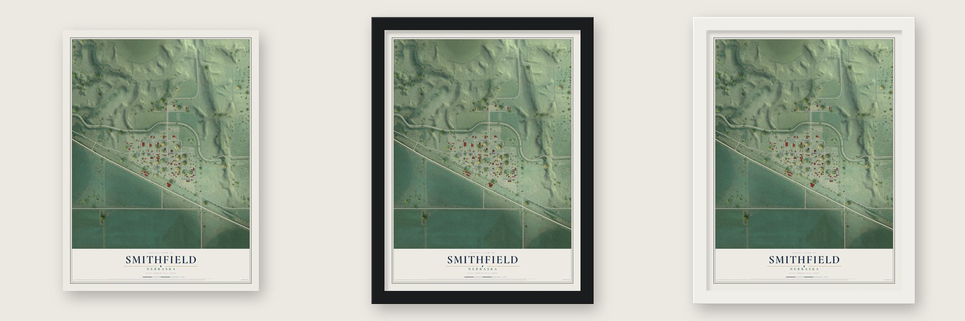 Smithfield, Nebraska map unframed, in a black wood frame and in a white wood frame