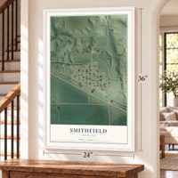 Smithfield, Nebraska map, 24 x 36 inch print in a white frame by a staircase