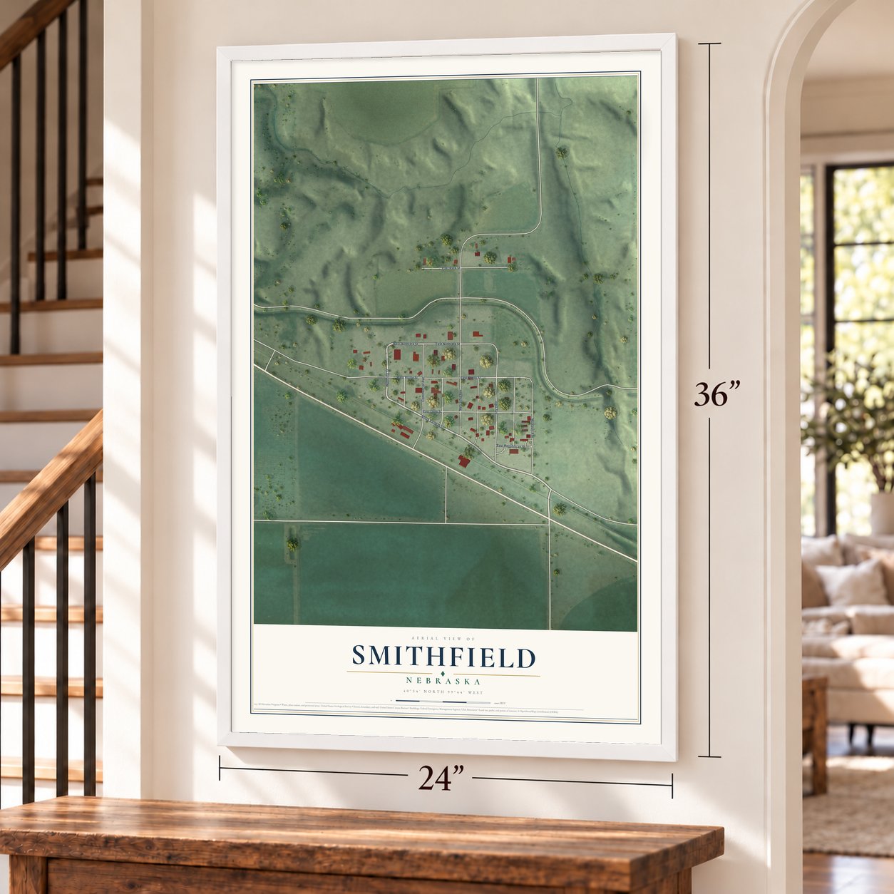 Smithfield, Nebraska map, 24 x 36 inch print in a white frame by a staircase