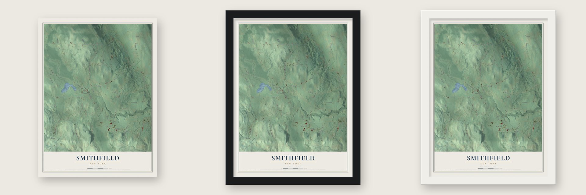 Smithfield, New York map unframed, in a black wood frame and in a white wood frame