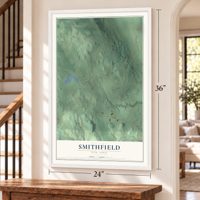 Smithfield, New York map, 24 x 36 inch print in a white frame by a staircase