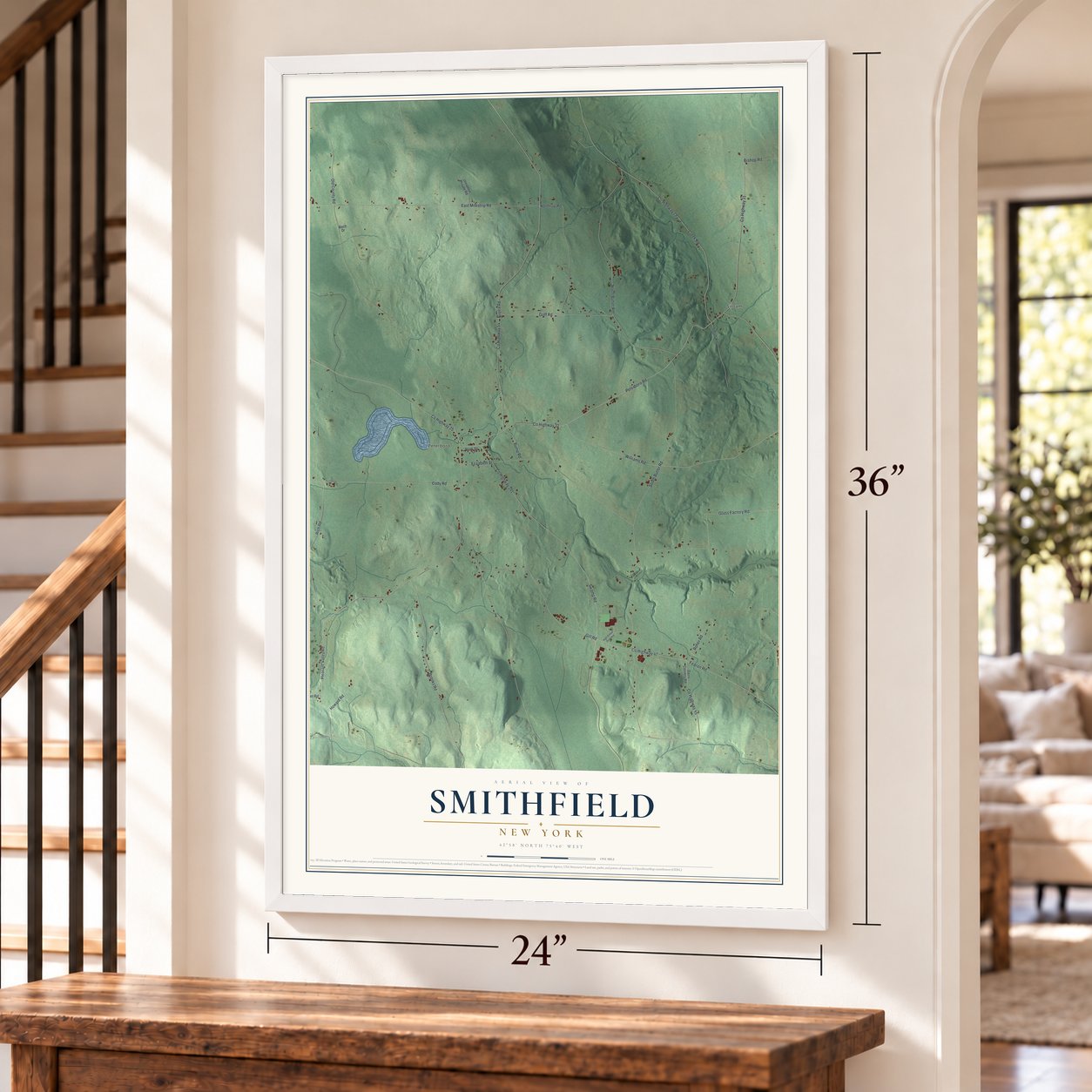 Smithfield, New York map, 24 x 36 inch print in a white frame by a staircase