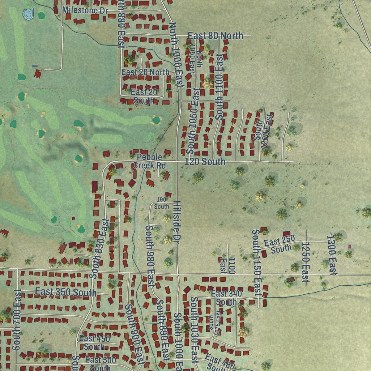 Second close-up of the map of Smithfield, Utah print showing more streets and buildings