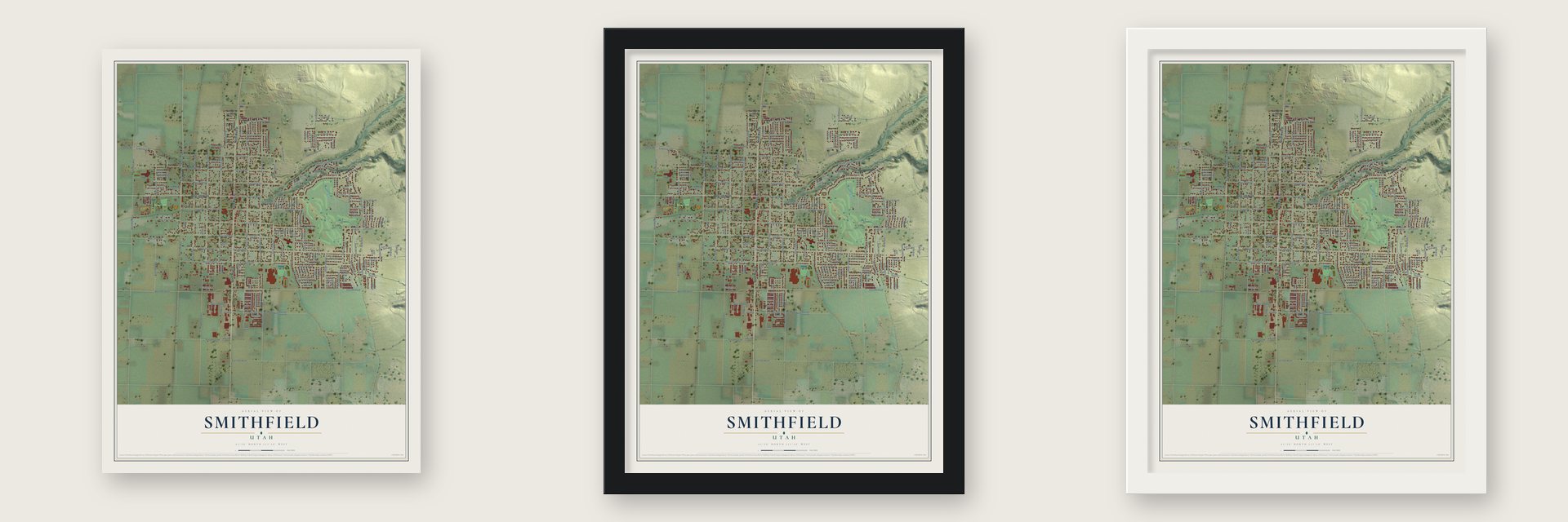 Smithfield, Utah map unframed, in a black wood frame and in a white wood frame