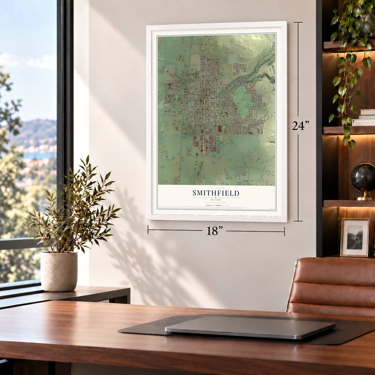 Smithfield, Utah map, 18 x 24 inch print in a white frame in a home office