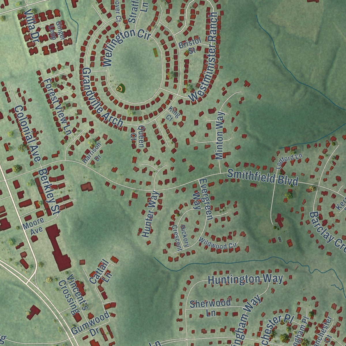 Second close-up of the map of Smithfield, Virginia print showing more streets and buildings