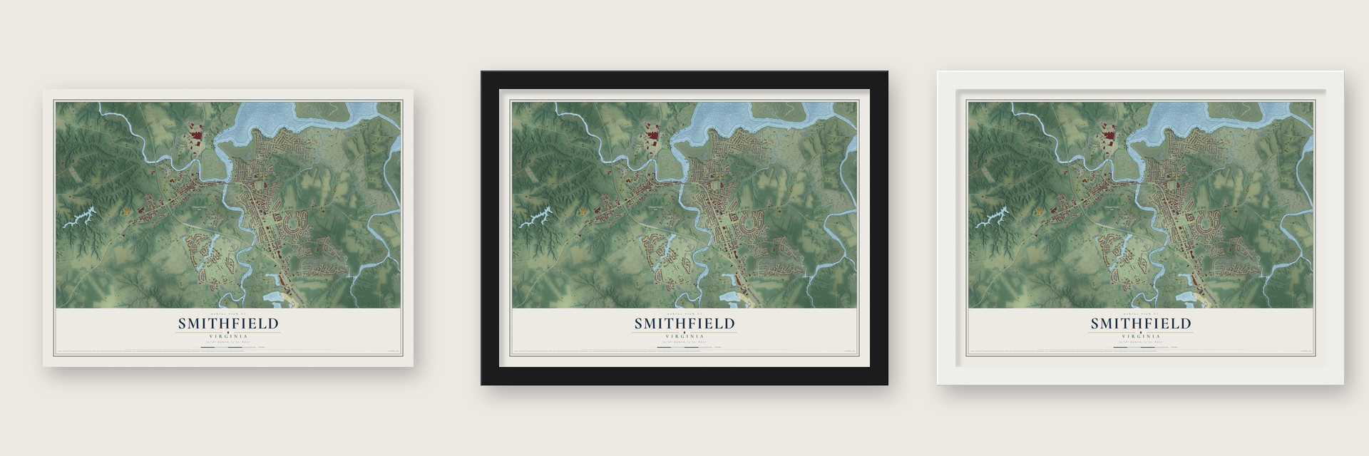 Smithfield, Virginia map unframed, in a black wood frame and in a white wood frame