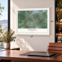 Smithfield, Virginia map, 18 x 24 inch print in a white frame in a home office