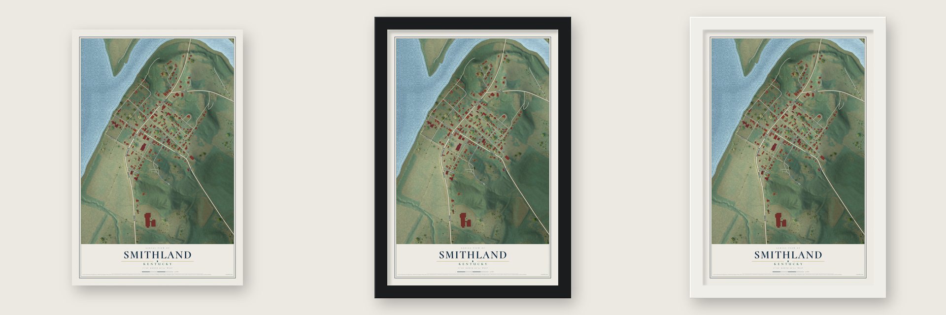 Smithland, Kentucky map unframed, in a black wood frame and in a white wood frame