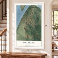 Smithland, Kentucky map, 24 x 36 inch print in a white frame by a staircase