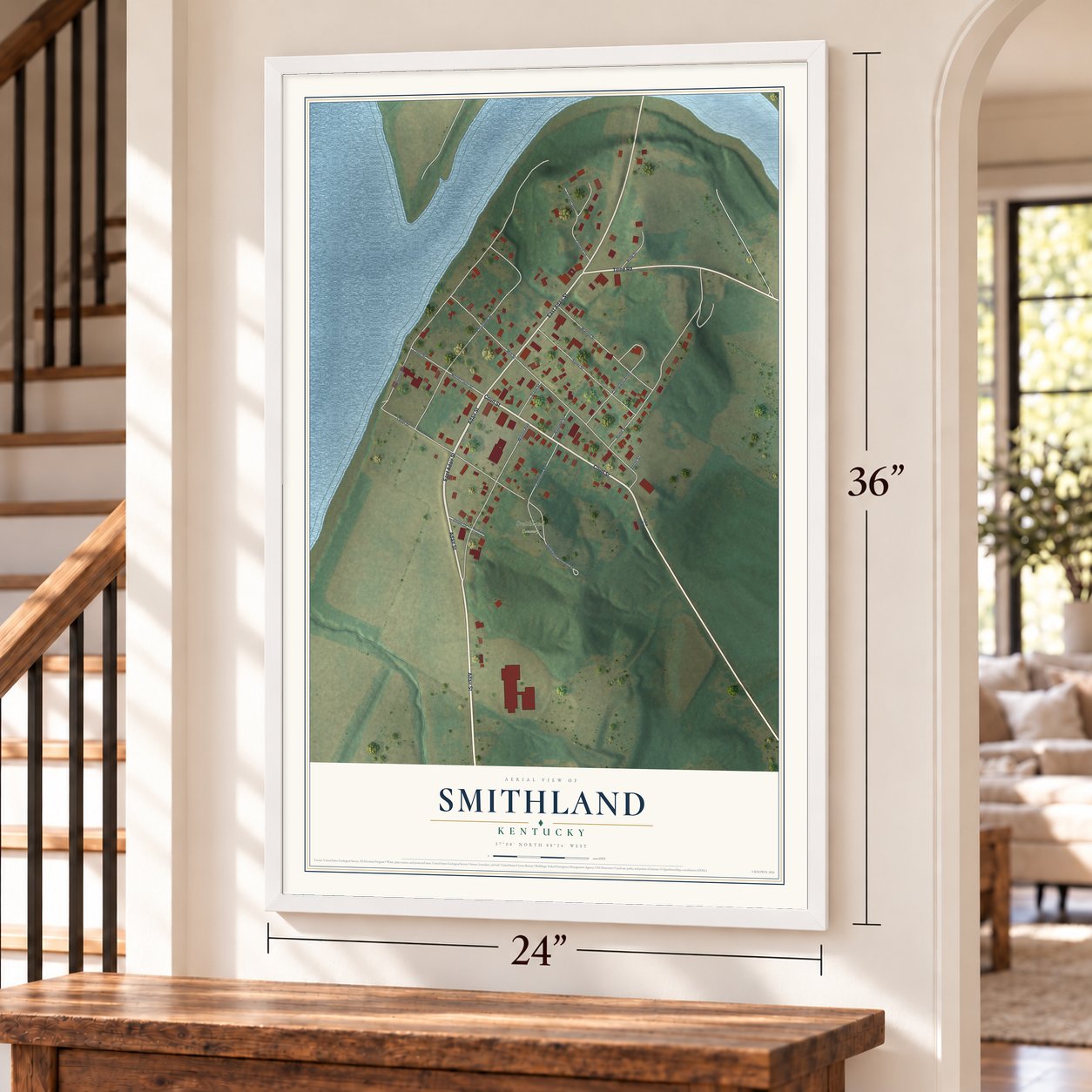Smithland, Kentucky map, 24 x 36 inch print in a white frame by a staircase