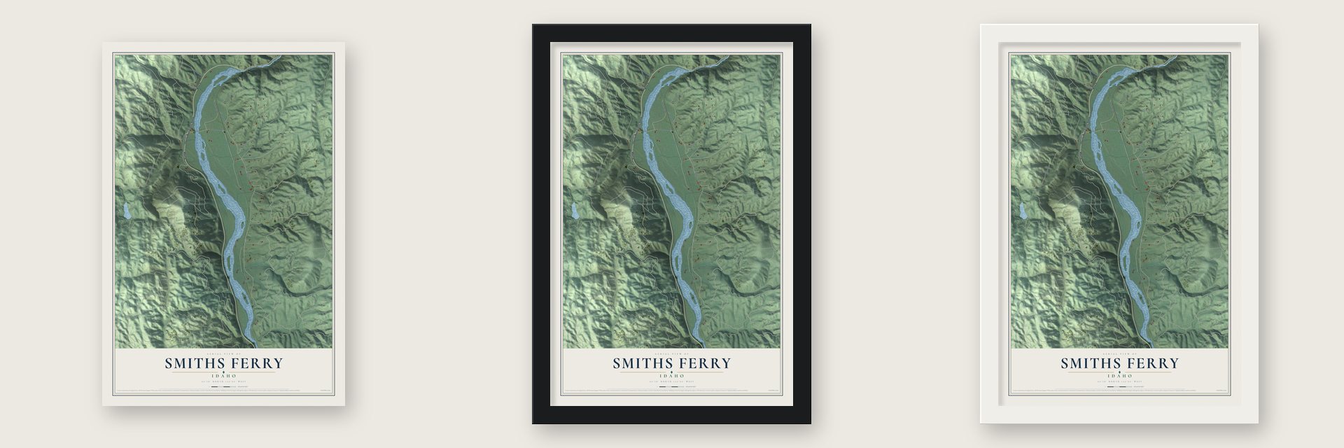 Smiths Ferry, Idaho map unframed, in a black wood frame and in a white wood frame