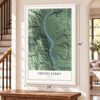 Smiths Ferry, Idaho map, 24 x 36 inch print in a white frame by a staircase