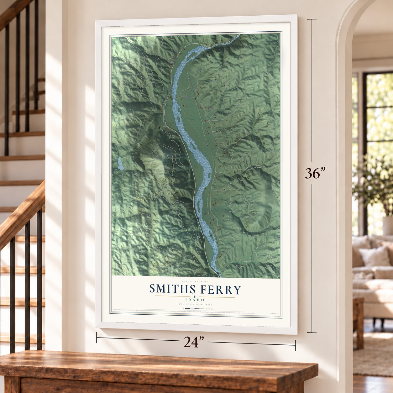 Smiths Ferry, Idaho map, 24 x 36 inch print in a white frame by a staircase
