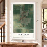 Smiths Grove, Kentucky map, 24 x 36 inch print in a white frame by a staircase