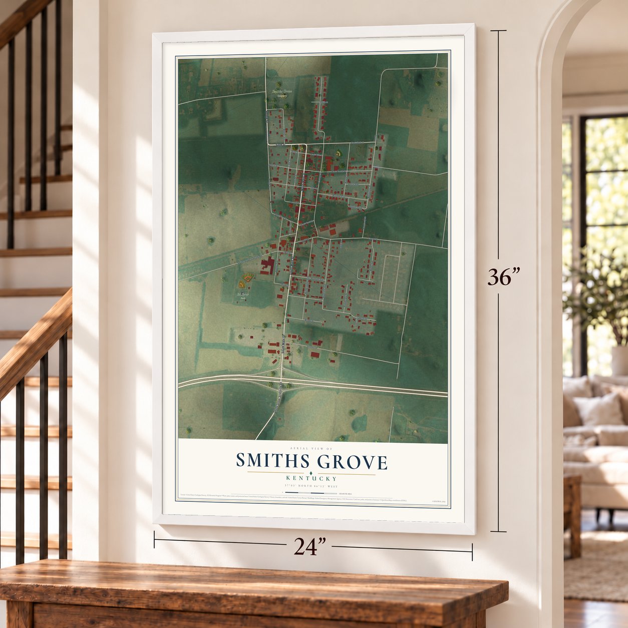 Smiths Grove, Kentucky map, 24 x 36 inch print in a white frame by a staircase