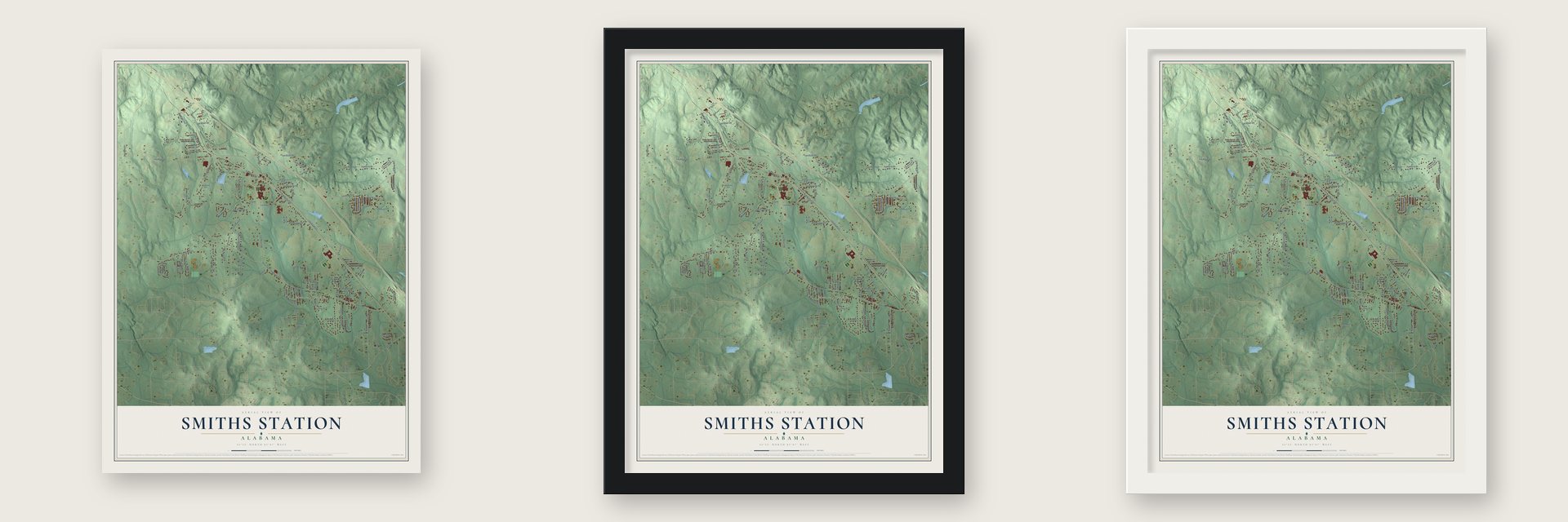 Smiths Station, Alabama map unframed, in a black wood frame and in a white wood frame