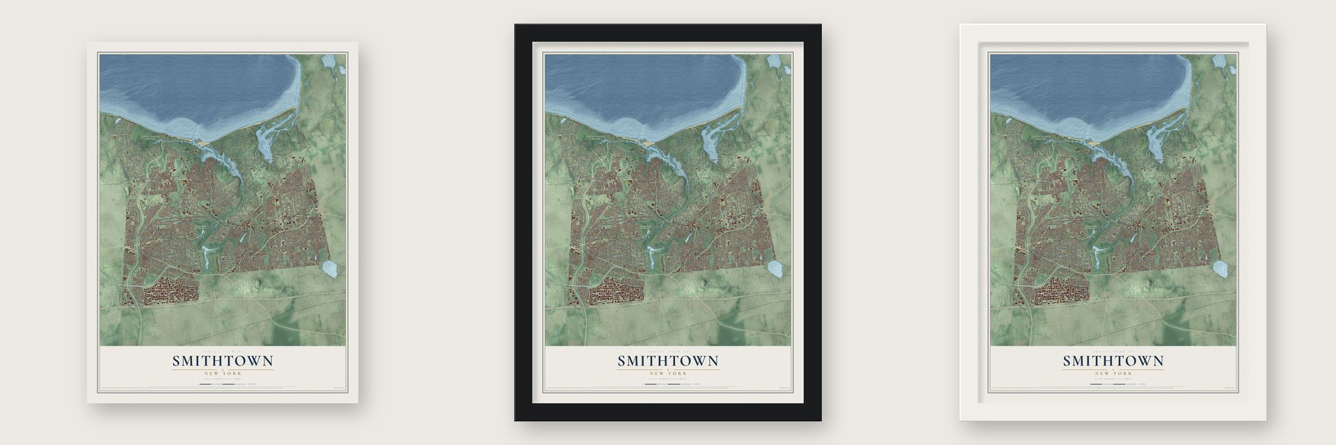 Smithtown, New York map unframed, in a black wood frame and in a white wood frame