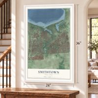 Smithtown, New York map, 24 x 36 inch print in a white frame by a staircase