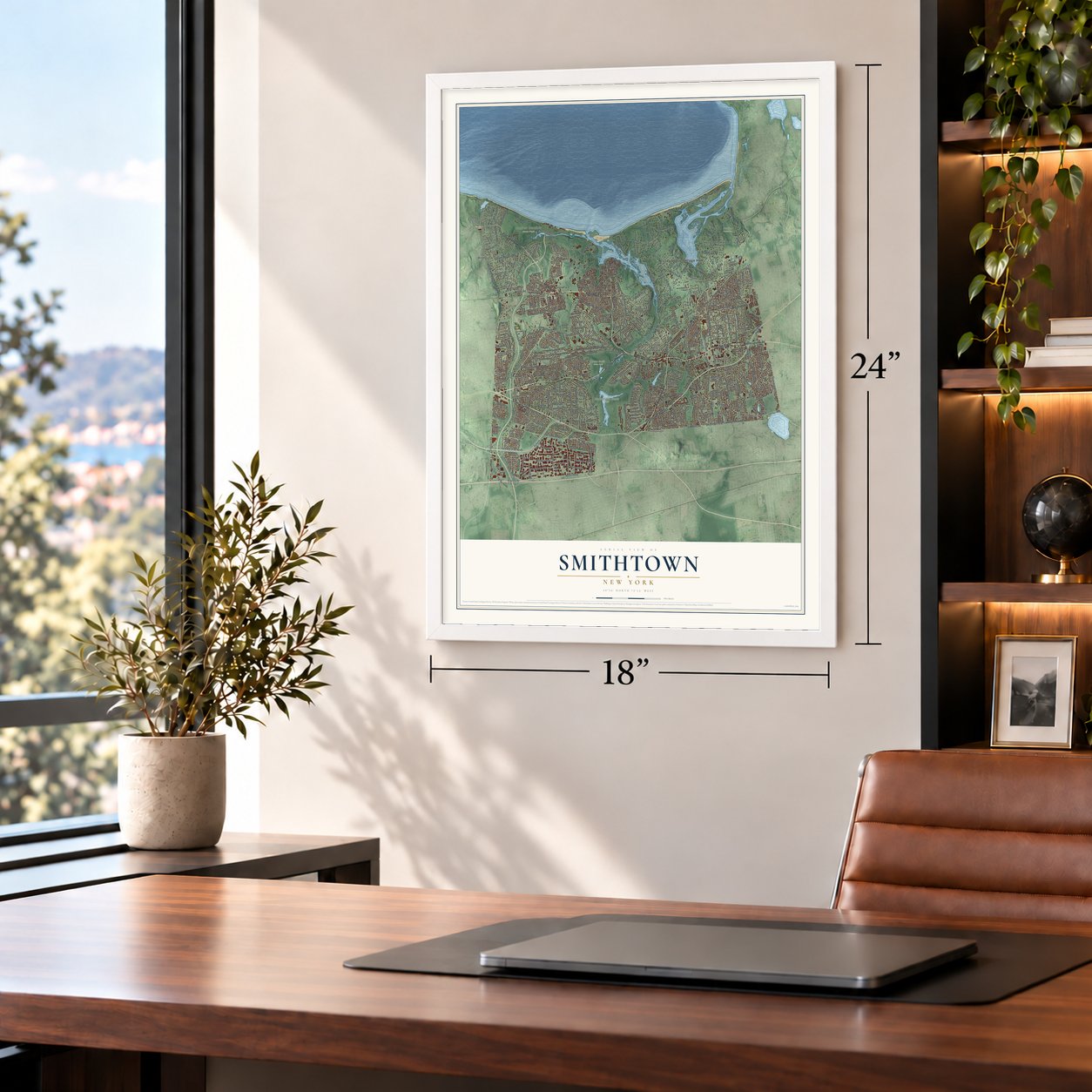 Smithtown, New York map, 18 x 24 inch print in a white frame in a home office
