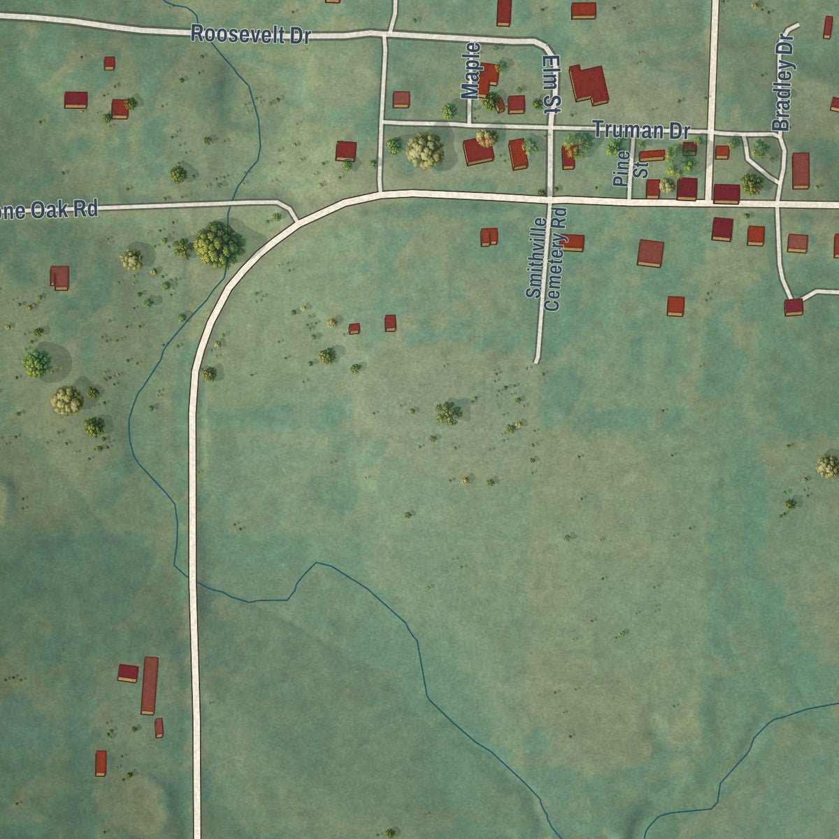 Second close-up of the map of Smithville, Arkansas print showing more streets and buildings