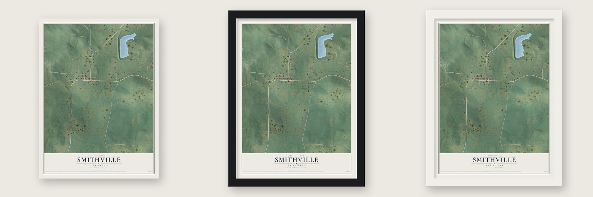 Smithville, Arkansas map unframed, in a black wood frame and in a white wood frame