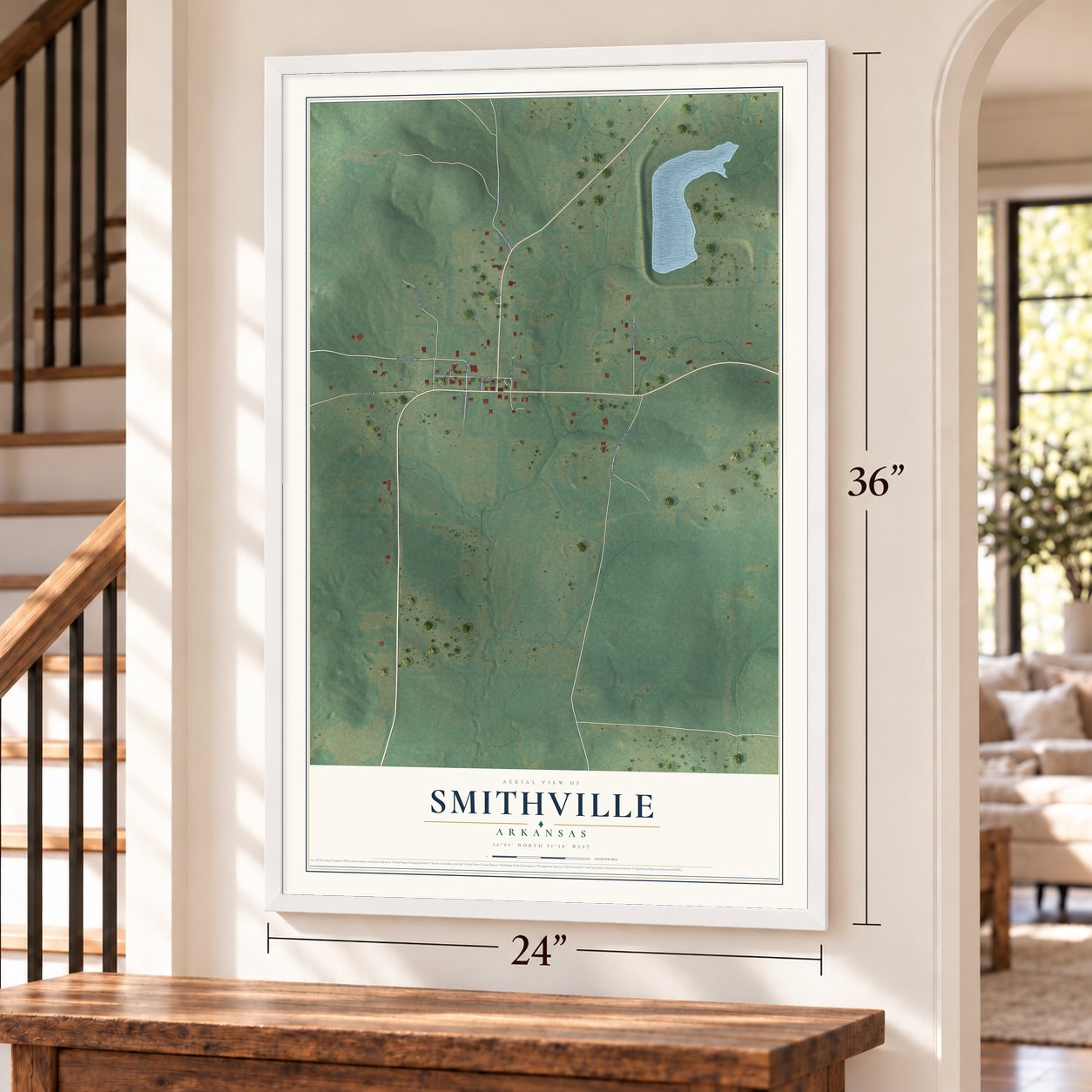 Smithville, Arkansas map, 24 x 36 inch print in a white frame by a staircase