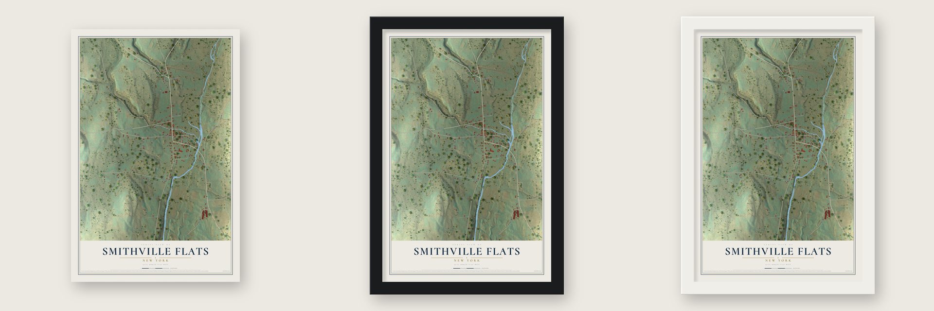 Smithville Flats, New York map unframed, in a black wood frame and in a white wood frame