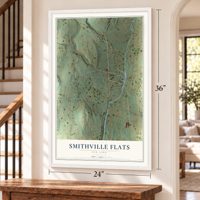 Smithville Flats, New York map, 24 x 36 inch print in a white frame by a staircase
