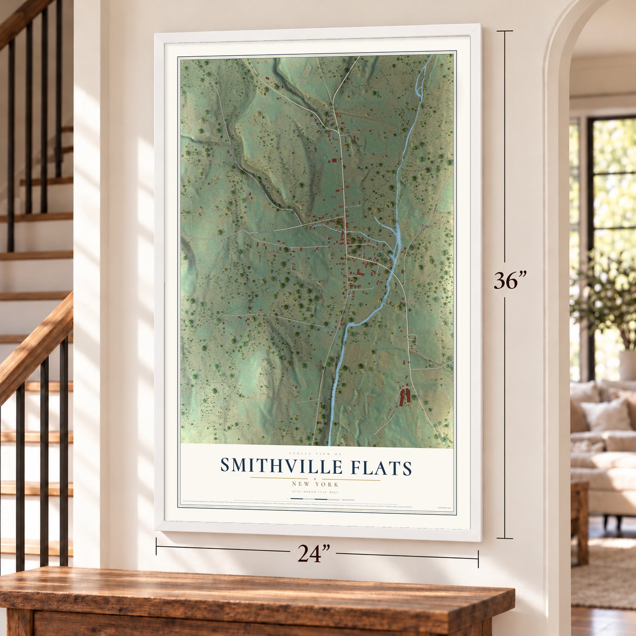 Smithville Flats, New York map, 24 x 36 inch print in a white frame by a staircase