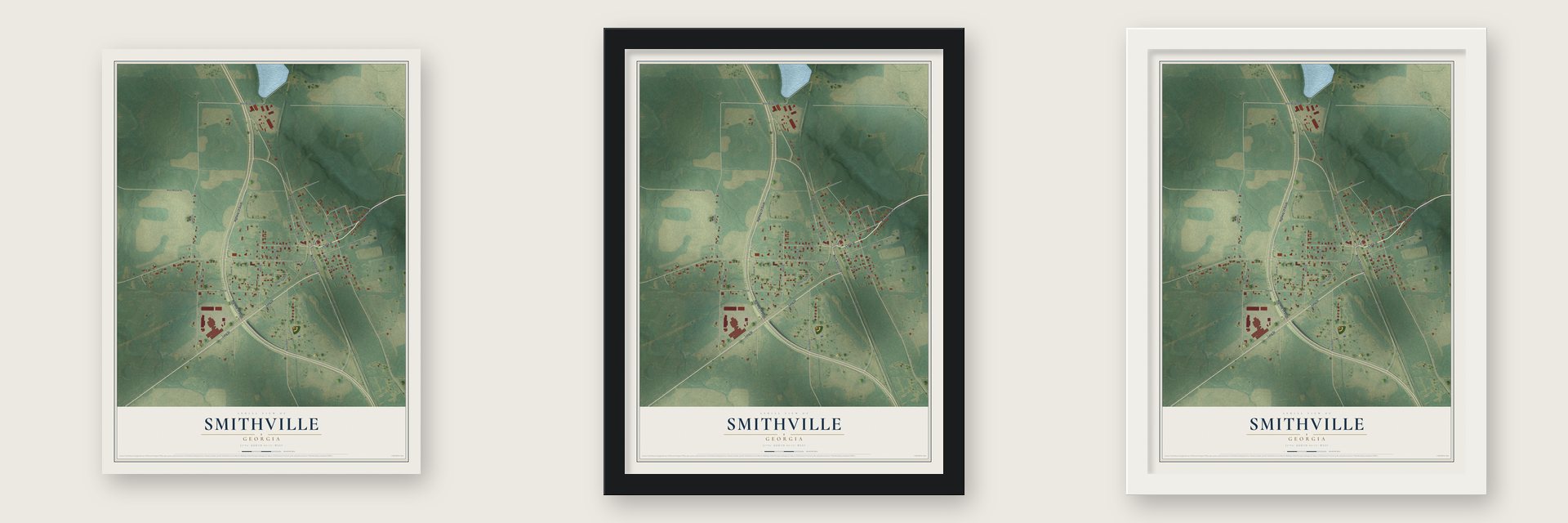 Smithville, Georgia map unframed, in a black wood frame and in a white wood frame