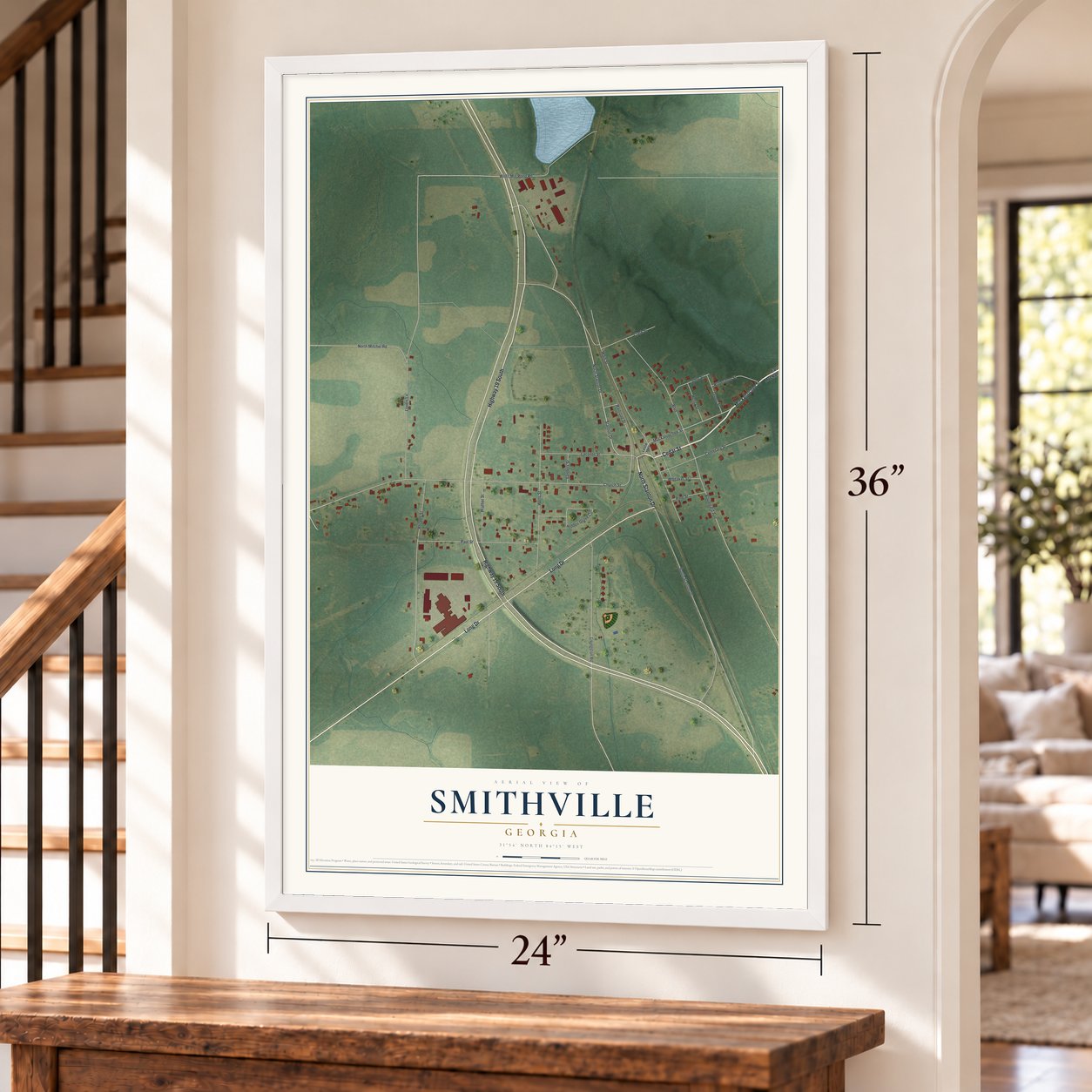 Smithville, Georgia map, 24 x 36 inch print in a white frame by a staircase