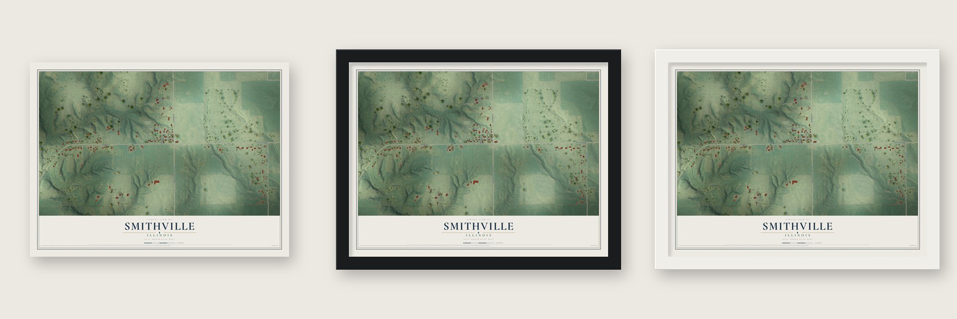 Smithville, Illinois map unframed, in a black wood frame and in a white wood frame