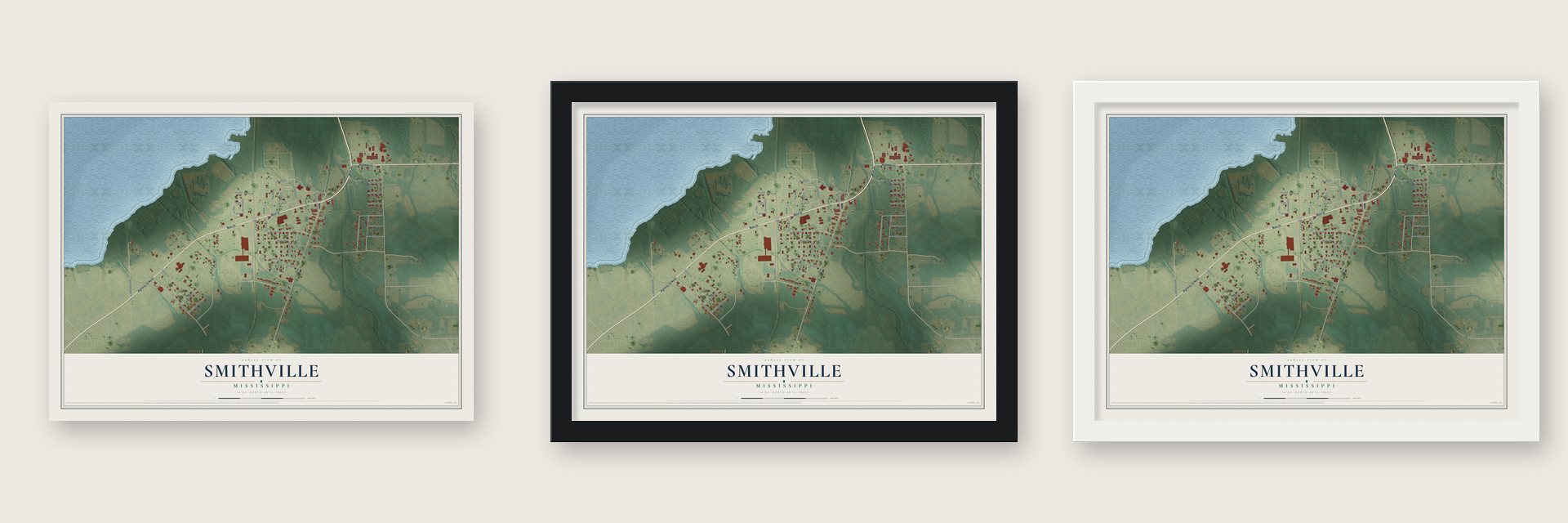 Smithville, Mississippi map unframed, in a black wood frame and in a white wood frame