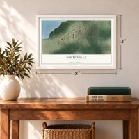 Smithville, Mississippi map, 12 x 18 inch print in a white frame in an entryway