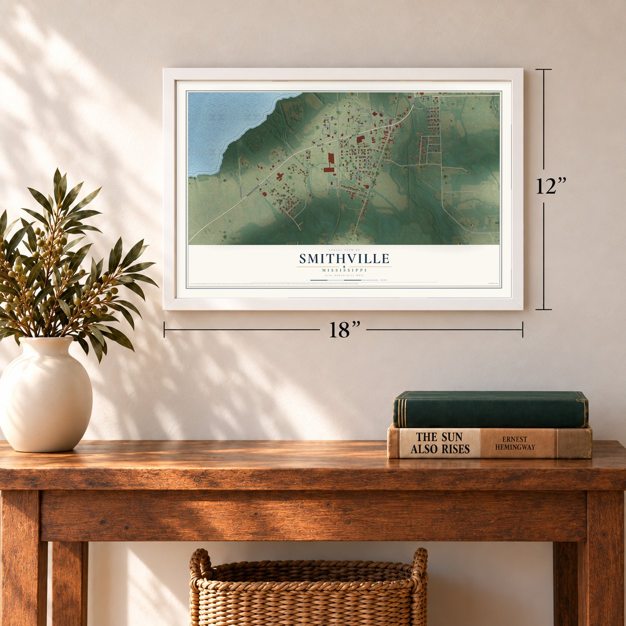Smithville, Mississippi map, 12 x 18 inch print in a white frame in an entryway