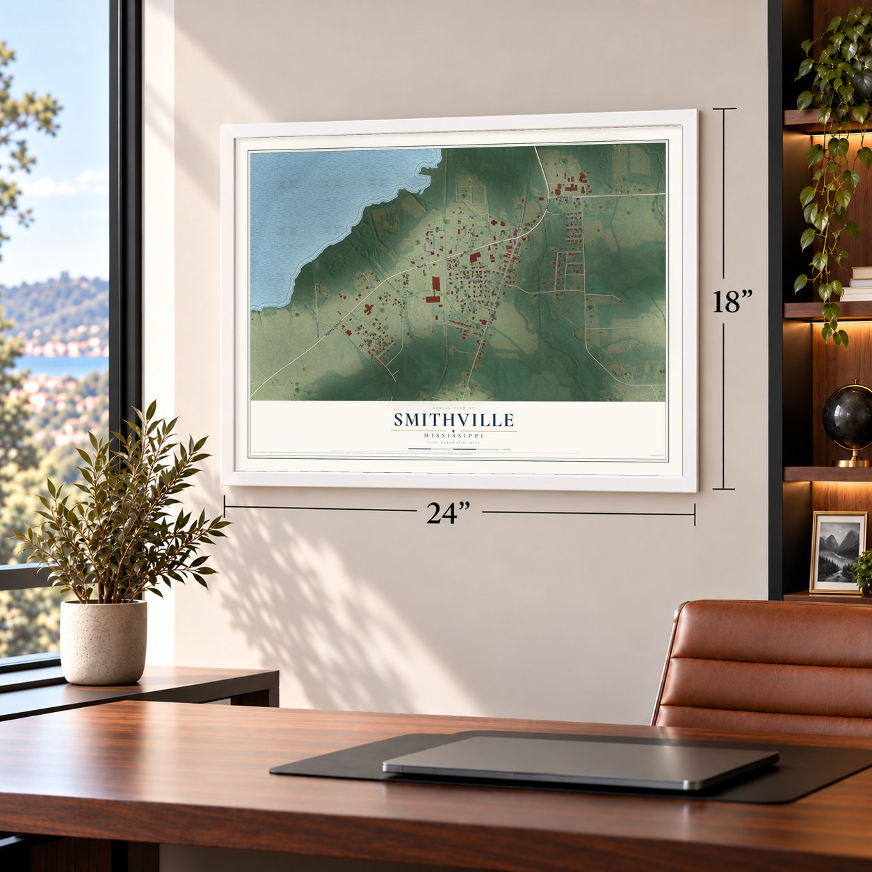 Smithville, Mississippi map, 18 x 24 inch print in a white frame in a home office