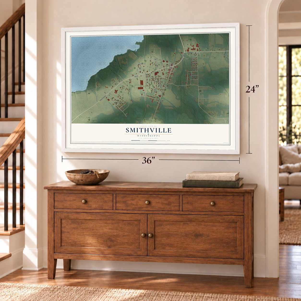 Smithville, Mississippi map, 24 x 36 inch print in a white frame above a dresser by a staircase
