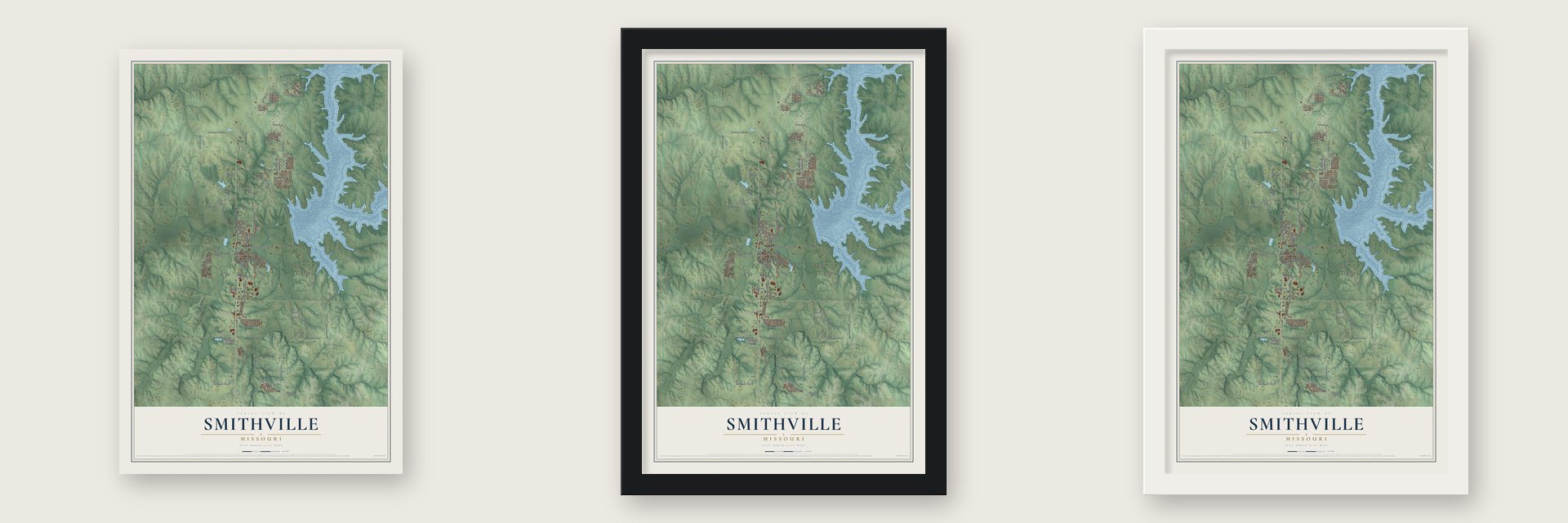 Smithville, Missouri map unframed, in a black wood frame and in a white wood frame