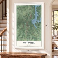 Smithville, Missouri map, 24 x 36 inch print in a white frame by a staircase